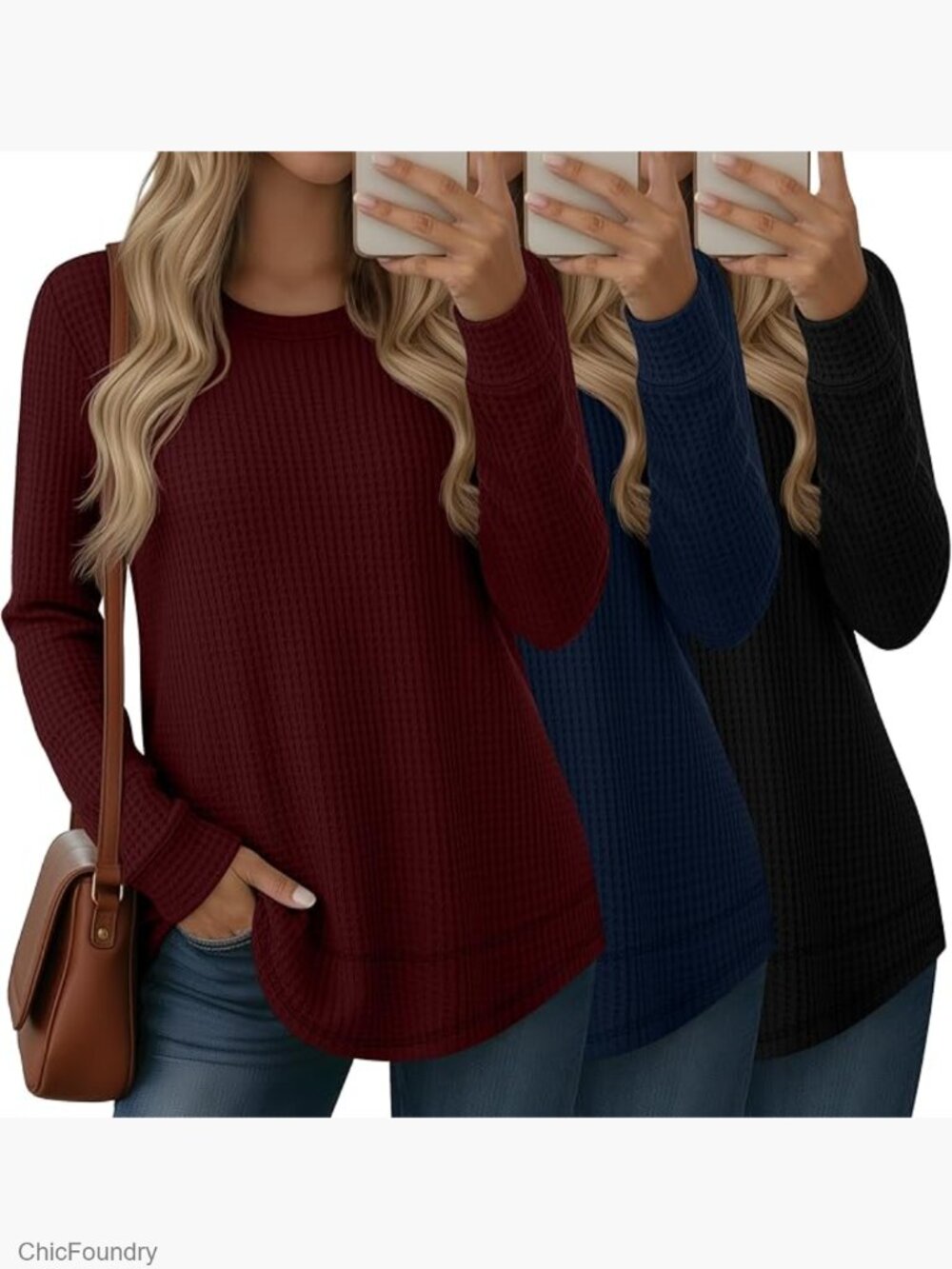 3 Pack Women's Waffle Knit Sweatshirts Loose Fit Pullover Long Sleeve Crew Neck